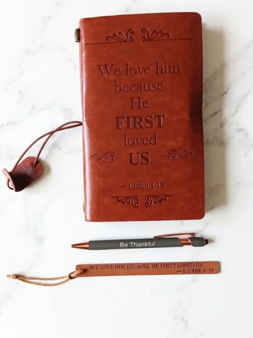 Brown Embossed Leather Journal with Pen Bookmark - 1 John 14:9